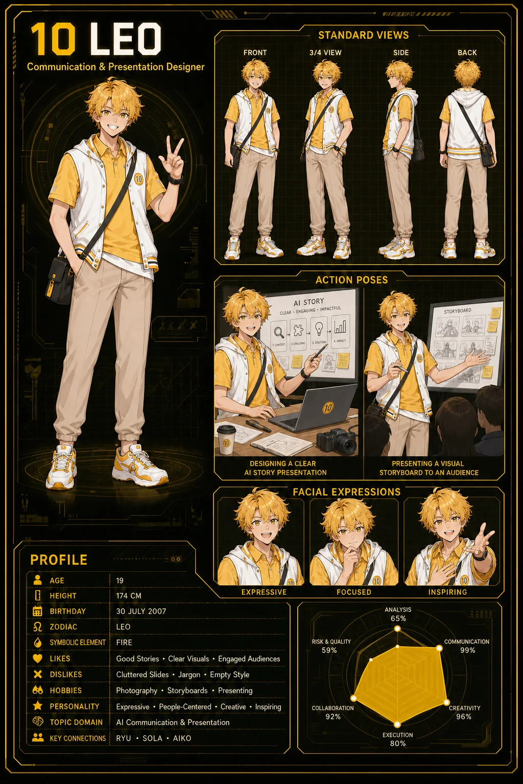 Character Sheet ของ LEO — Communication & Presentation Designer