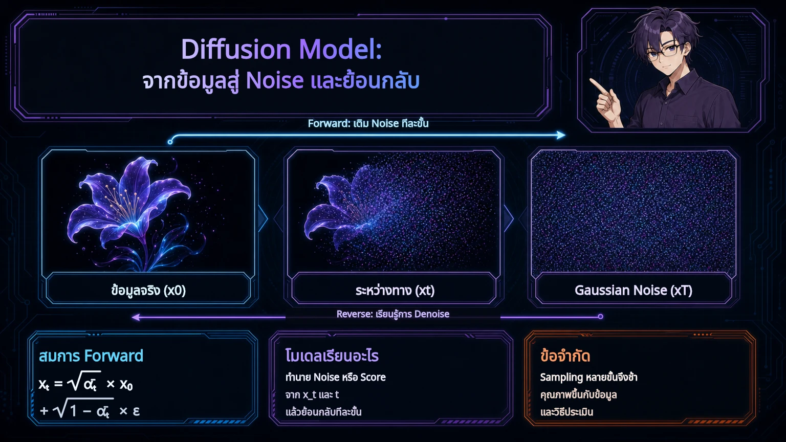 อินโฟกราฟิกสรุป Forward Diffusion, Reverse Denoising, สมการหลัก และข้อจำกัดของ Diffusion Probabilistic Model