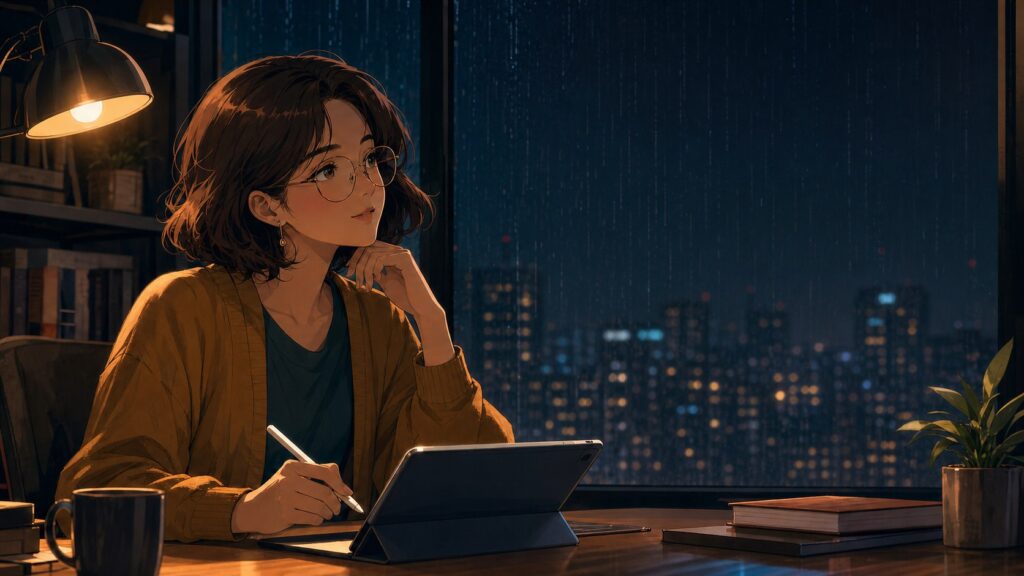 ภาพวาด Anime Lo-Fi นักพัฒนา AI ผู้หญิงกำลังวางแผนทักษะขณะทำงานริมหน้าต่างในคืนฝนตก