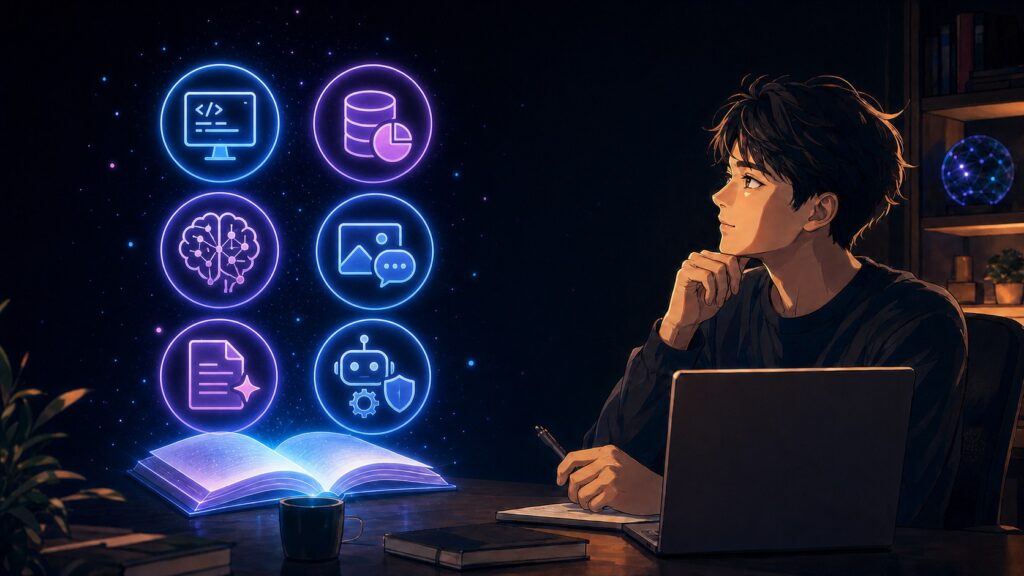 ภาพวาด Anime Lo-fi ผู้เรียนนั่งคิดกับไอคอนวงกลม 6 หมวดการเรียนรู้ AI