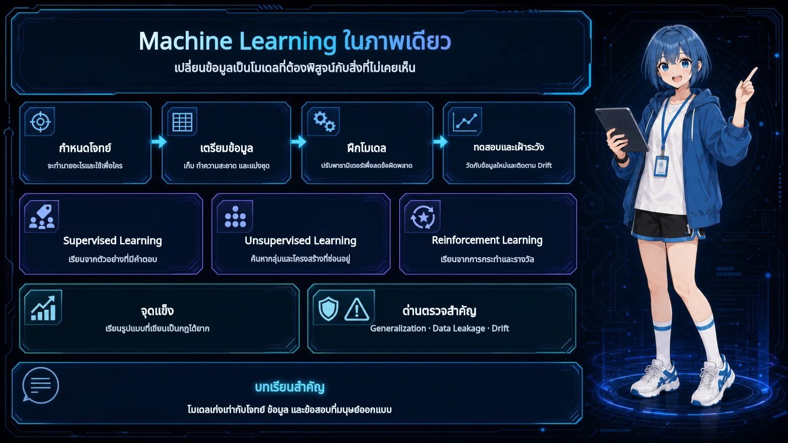 อินโฟกราฟิกสรุปวงจรการเรียนรู้ ชนิด จุดแข็ง และด่านตรวจสำคัญของ Machine Learning