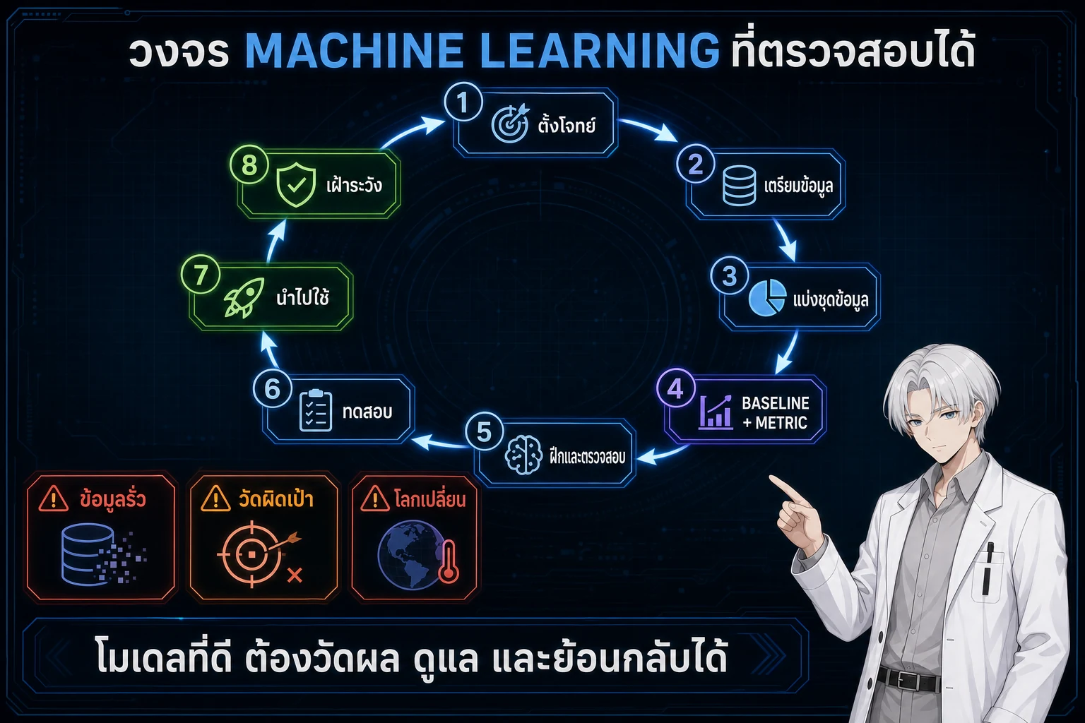 อินโฟกราฟิกวงจร Machine Learning ที่ตรวจสอบได้ 8 ขั้น ตั้งแต่ตั้งโจทย์ เตรียมข้อมูล แบ่งชุดข้อมูล สร้าง Baseline ฝึก ทดสอบ นำไปใช้ และเฝ้าระวัง