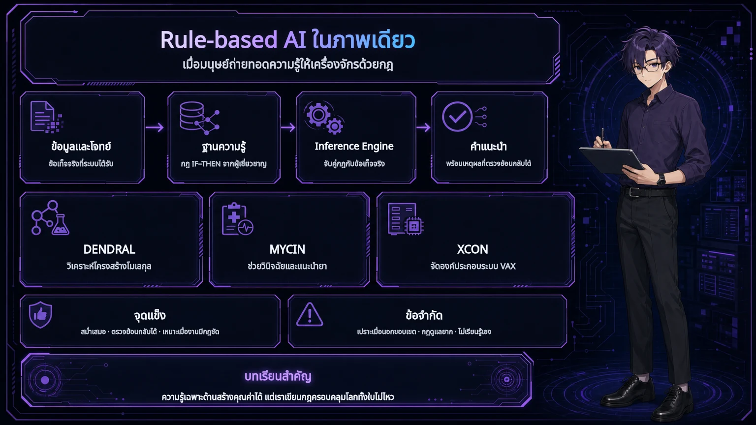 อินโฟกราฟิกสรุปการทำงาน จุดแข็ง ข้อจำกัด และกรณีศึกษาของ Rule-based AI