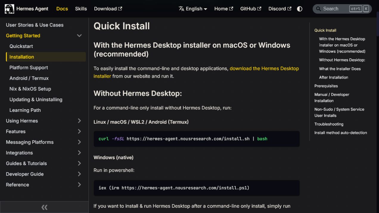 หน้าเอกสารทางการแสดงวิธีติดตั้ง Hermes Desktop และคำสั่งติดตั้งแบบ Command Line บน Windows