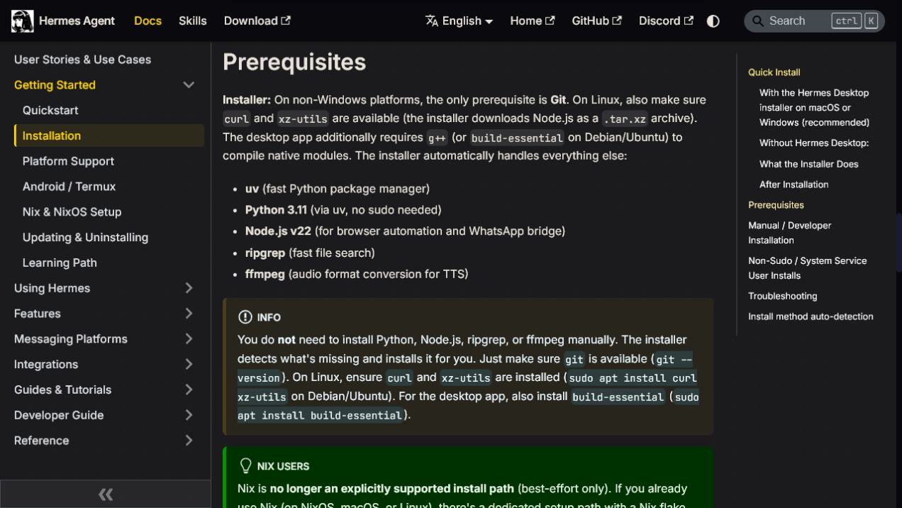 หน้า Prerequisites ทางการแสดง Dependency ที่ Hermes Installer จัดการให้