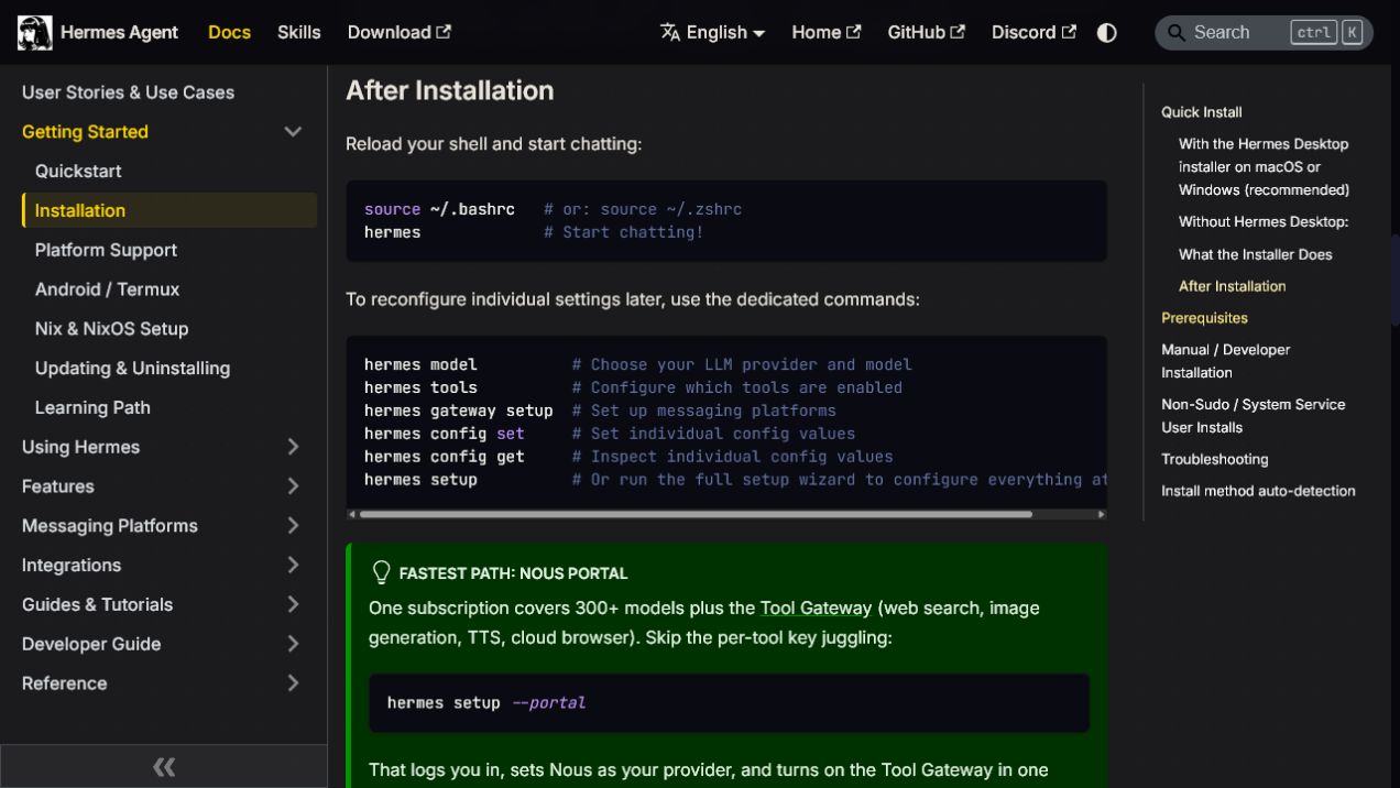 หน้า After Installation แสดงคำสั่งเริ่ม Hermes และคำสั่งตั้งค่าโมเดล เครื่องมือ และ Gateway