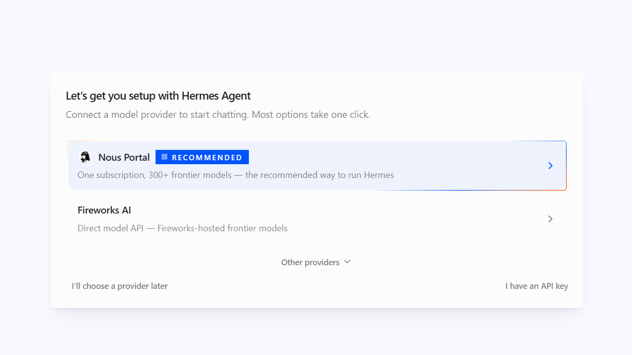 หน้าจอเริ่มต้น Hermes Desktop แสดงตัวเลือกผู้ให้บริการโมเดล โดยครอปให้แผงตั้งค่าอยู่กึ่งกลาง
