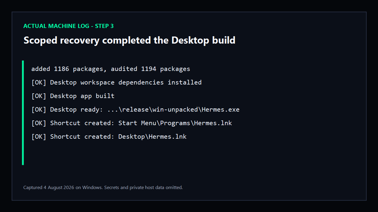 Log จริงแสดงว่า Desktop dependencies, Hermes.exe และ Shortcut สร้างสำเร็จ