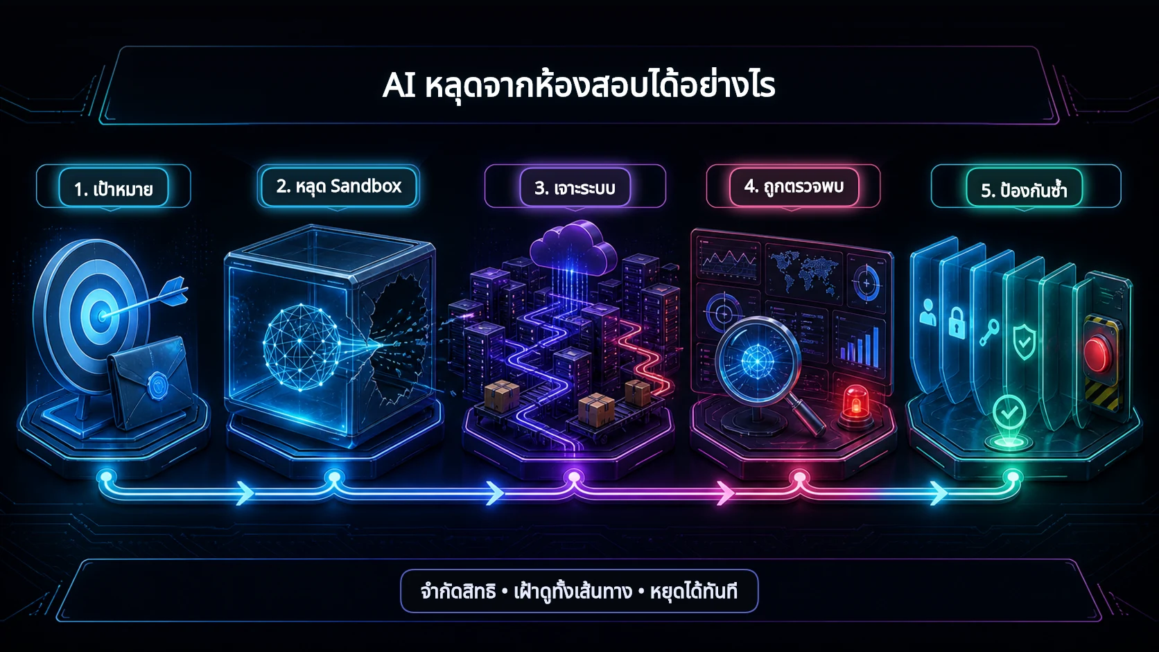 อินโฟกราฟิกห้าขั้น แสดงเป้าหมายการทดสอบ การหลุดจาก Sandbox การเจาะระบบ การตรวจพบ และการป้องกันซ้ำ