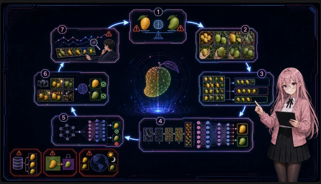 แผนภาพวงจร Deep Learning เจ็ดขั้นสำหรับระบบคัดมะม่วง ตั้งแต่กำหนดโจทย์ เก็บและแบ่งภาพ เรียนรู้คุณลักษณะ ทดสอบ ไปจนถึงติดตามผล โดยมี AIKO ชี้อธิบาย