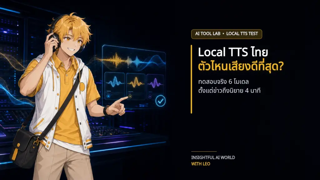 LEO กำลังทดสอบ Local TTS ภาษาไทย 6 โมเดลในห้องทดลองเสียง ตั้งแต่ข่าวถึงนิยายเกือบ 4 นาที