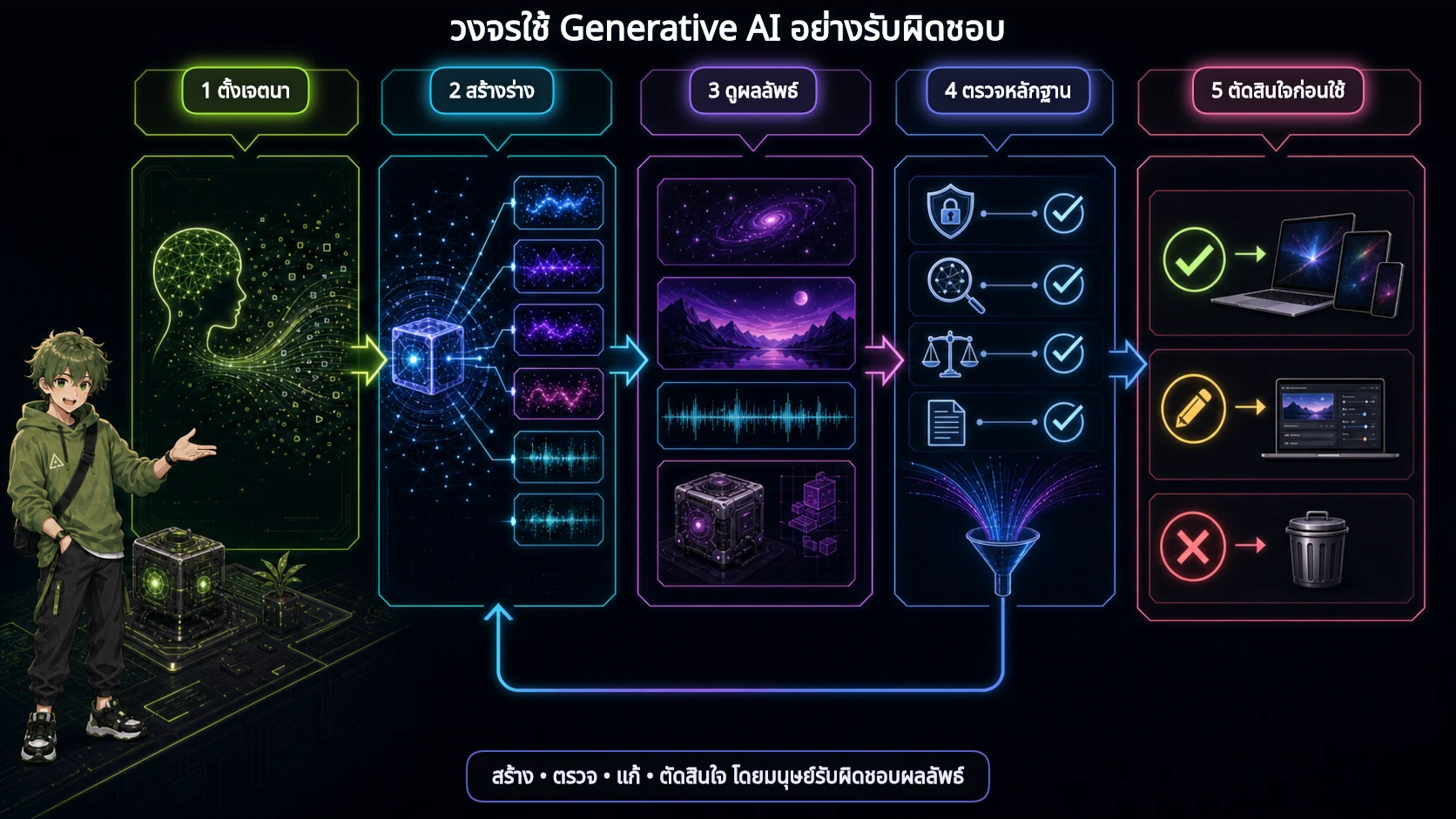 RYU อธิบายวงจรใช้ Generative AI อย่างรับผิดชอบ ตั้งแต่ตั้งเจตนา สร้างร่าง ดูผลลัพธ์ ตรวจหลักฐาน ไปจนถึงอนุมัติ แก้ไข หรือปฏิเสธก่อนใช้งาน