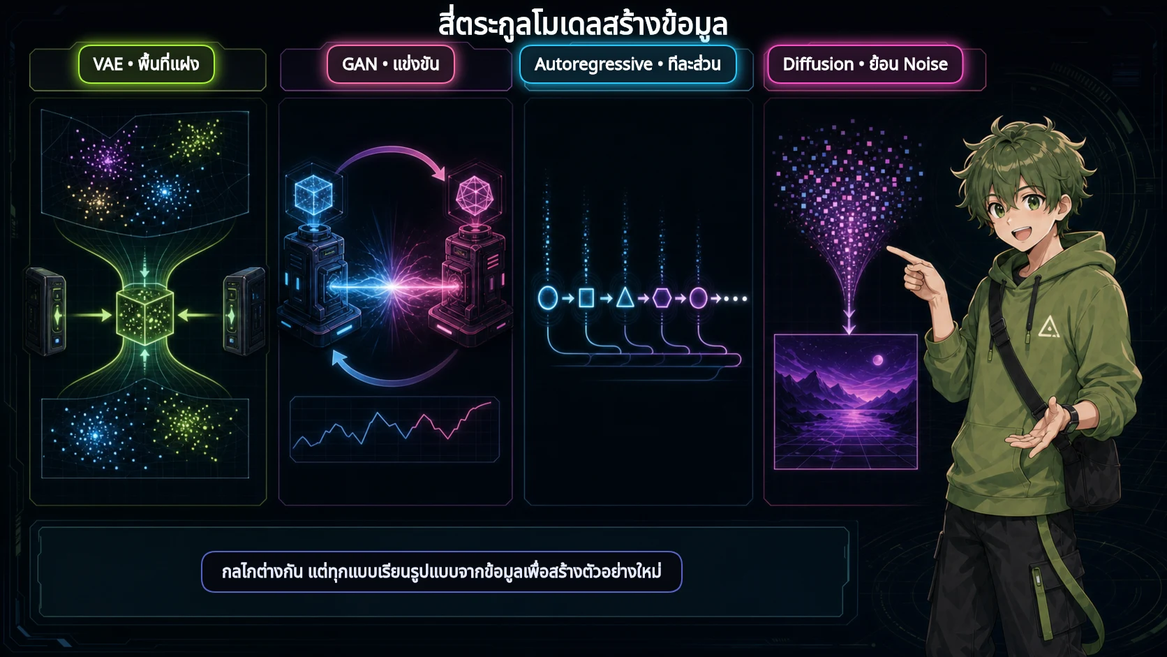 RYU อธิบายแผนภาพสี่ตระกูล Generative Model ได้แก่ VAE, GAN, Autoregressive และ Diffusion พร้อมกลไกพื้นที่แฝง การแข่งขัน การสร้างทีละส่วน และการย้อน Noise