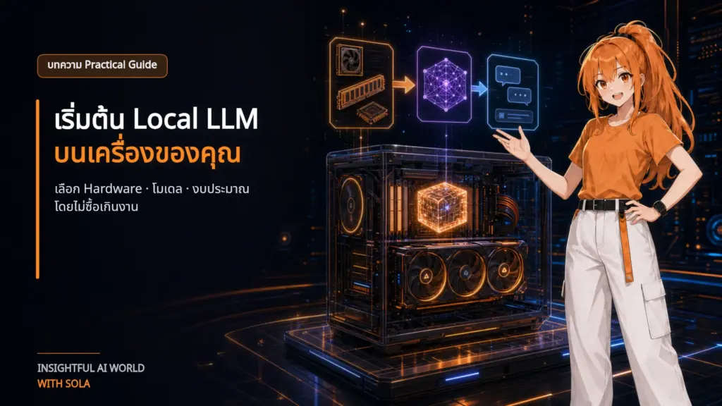SOLA ยืนข้างคอมพิวเตอร์สำหรับรัน Local LLM พร้อมภาพเชื่อม Hardware โมเดล และหน้าต่างสนทนา