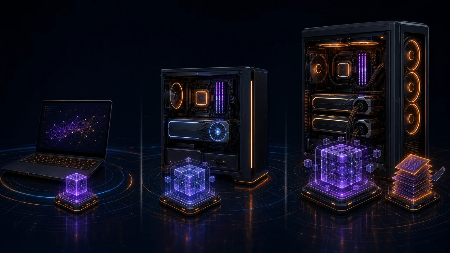 ภาพเปรียบเทียบระดับ Hardware สำหรับ Local LLM ตั้งแต่โน้ตบุ๊กเดิม พีซีระดับกลาง ไปจนถึงเครื่องประสิทธิภาพสูง