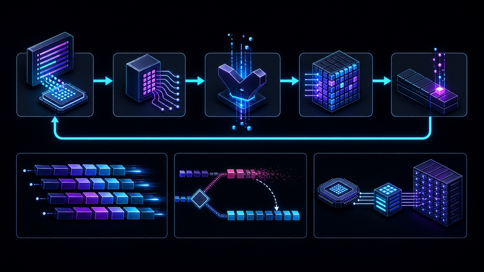แผนภาพวงจรคำสั่ง CPU ห้าช่วงเชื่อมเป็นลูป พร้อมภาพ Pipeline การกู้คืนเมื่อ Branch คาดผิด และเส้นทาง Cache ไปยังหน่วยความจำ