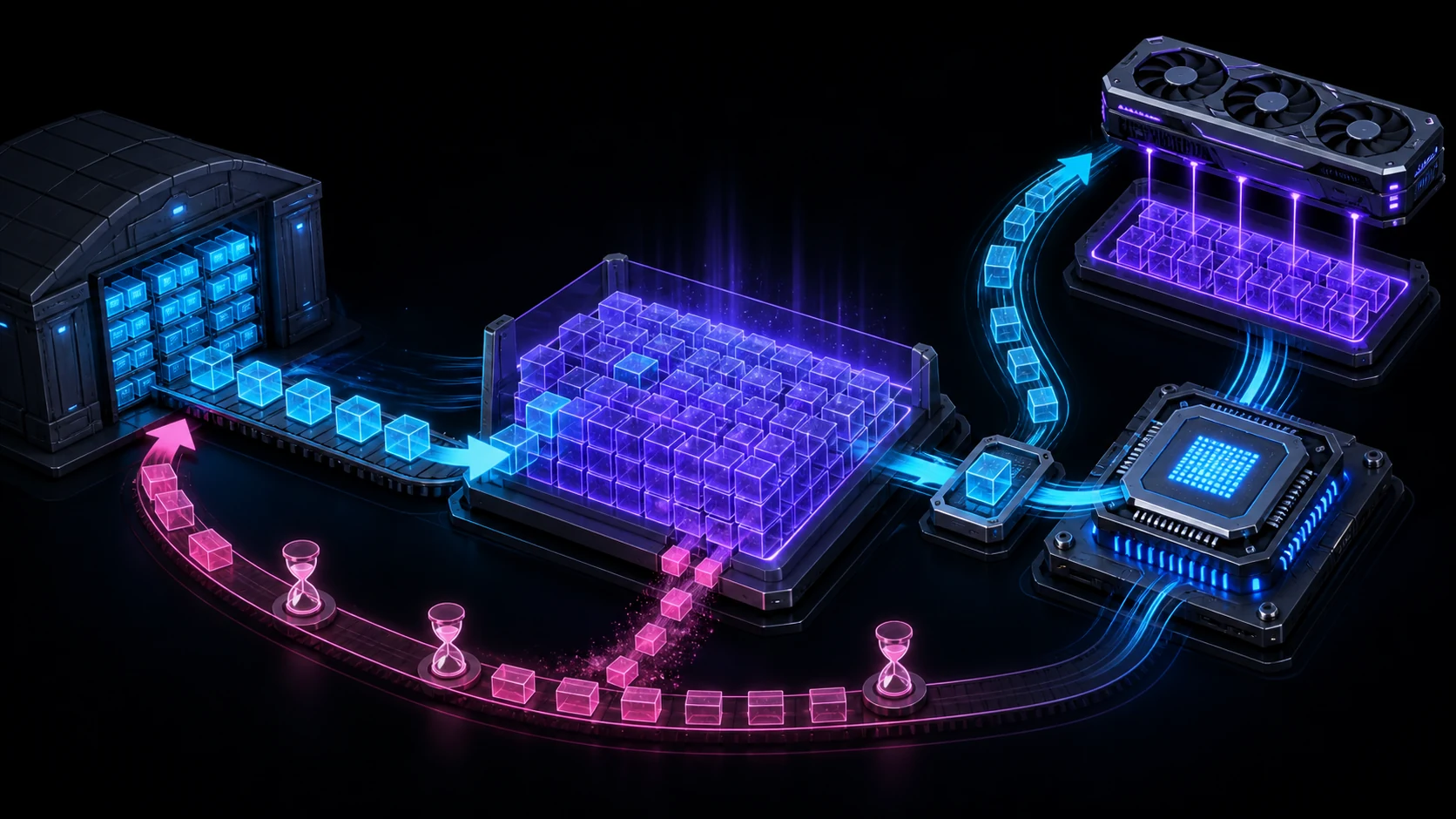 ภาพสรุปเส้นทางข้อมูลจากพื้นที่จัดเก็บเข้าสู่ RAM แล้วผ่าน Cache ไปยัง CPU พร้อมหน่วยความจำ VRAM ข้าง GPU และเส้นทาง Swap สีชมพูที่ย้อนกลับไปยังพื้นที่จัดเก็บเมื่อ RAM เต็ม