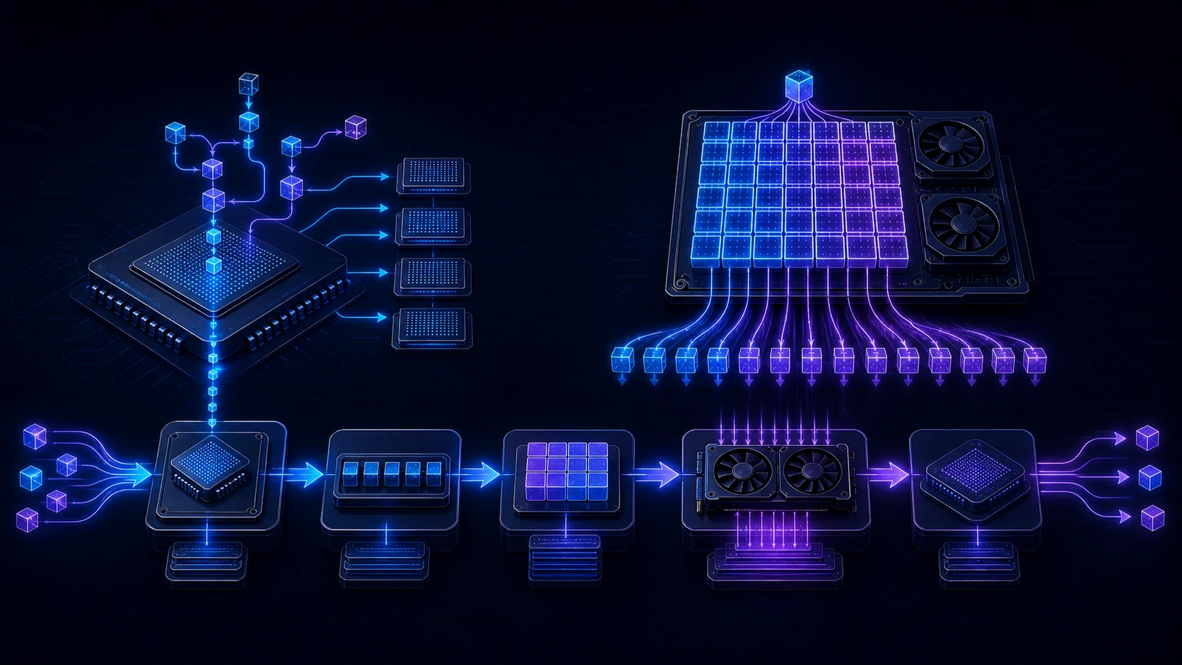 แผนภาพเปรียบเทียบ CPU ที่จัดการงานแตกแขนงและตอบสนองทีละลำดับ กับ GPU ที่กระจายงานเหมือนกันจำนวนมากแบบขนาน ก่อนทำงานร่วมกันในระบบ Hybrid ตั้งแต่เตรียมข้อมูล จัด Batch คำนวณ และส่งผลลัพธ์