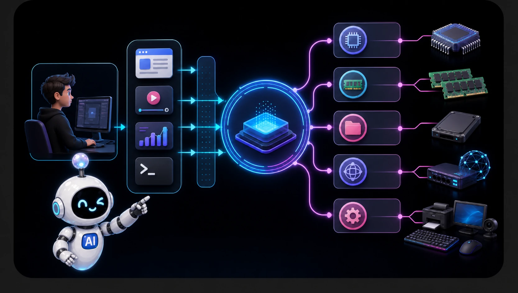 LUMI อธิบายเส้นทางจากผู้ใช้และแอป ผ่าน System Call สู่ Kernel ที่จัดการ CPU, Memory, File, Network และอุปกรณ์