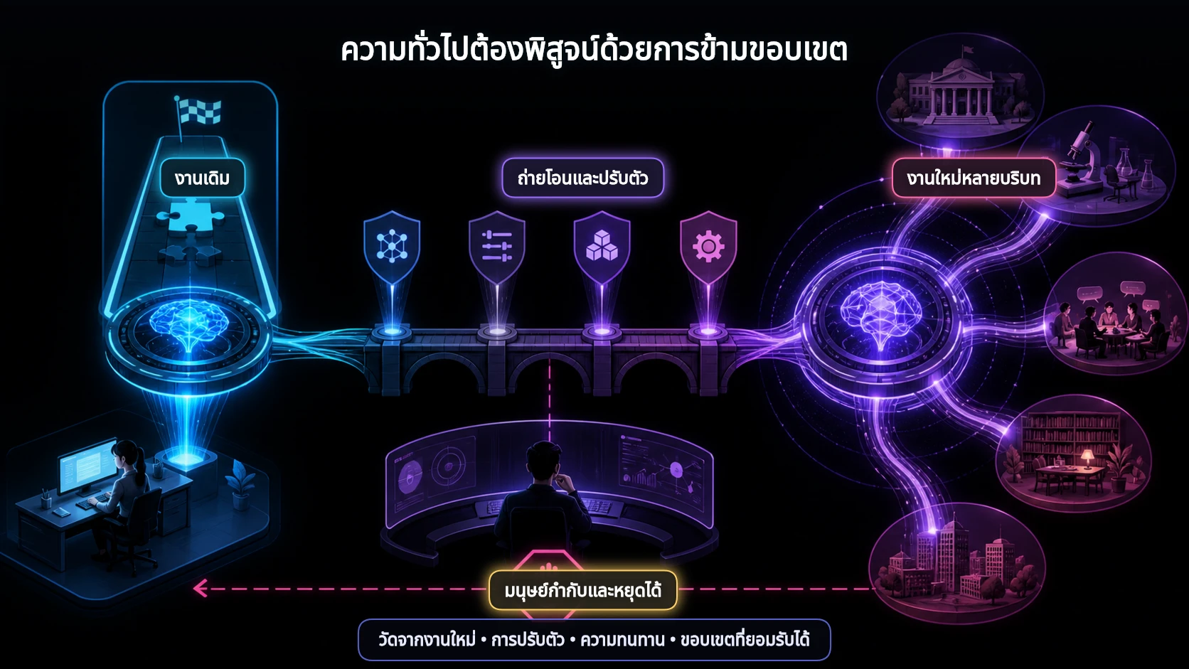 อินโฟกราฟิกแสดงเส้นทางจากงานเดิม ผ่านการทดสอบการถ่ายโอนและปรับตัว ไปสู่งานใหม่หลายบริบท โดยมีมนุษย์กำกับและหยุดระบบได้