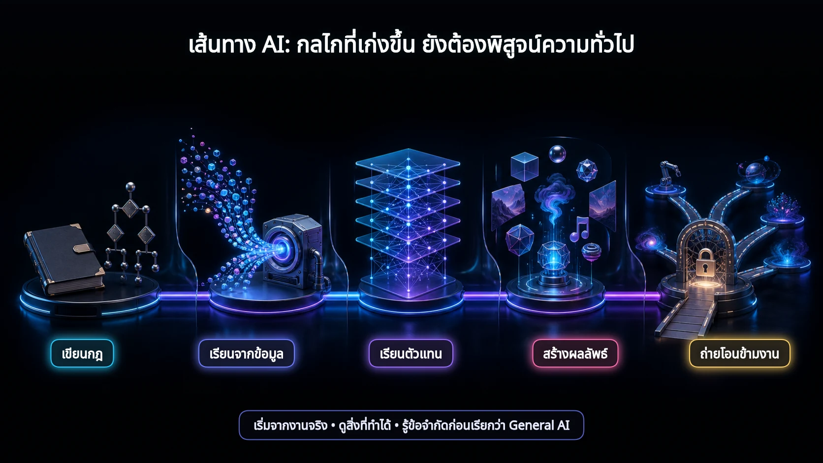 อินโฟกราฟิกเส้นทาง AI จากการเขียนกฎ การเรียนจากข้อมูล Deep Learning และ Generative AI ไปสู่การทดสอบการถ่ายโอนข้ามงาน