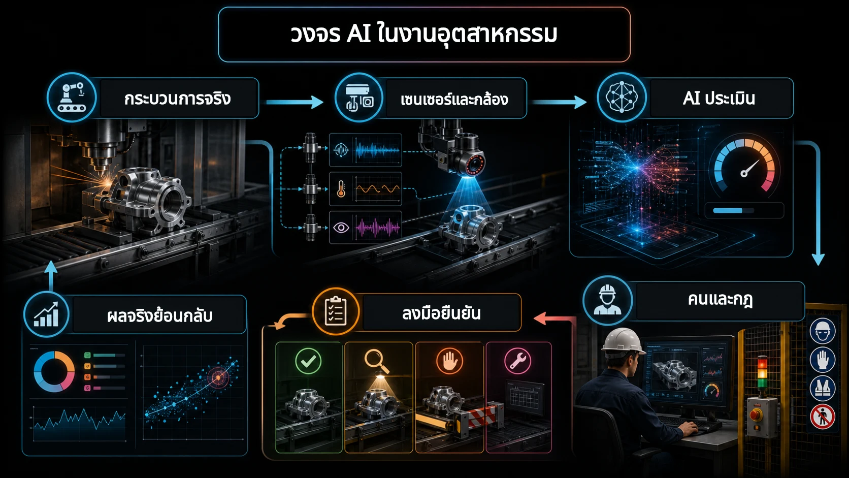 แผนภาพวงจร AI ในงานอุตสาหกรรม ตั้งแต่กระบวนการจริง เซนเซอร์และกล้อง การประเมินของ AI คนและกฎ การลงมือยืนยัน ไปจนถึงผลจริงย้อนกลับ